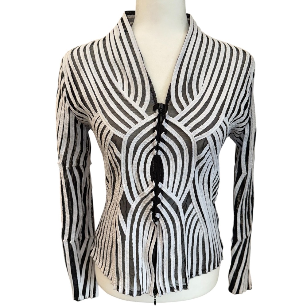 Alexandra Rosati Black White Geometric Mesh Jacket Size 10 Sheer Evening Top